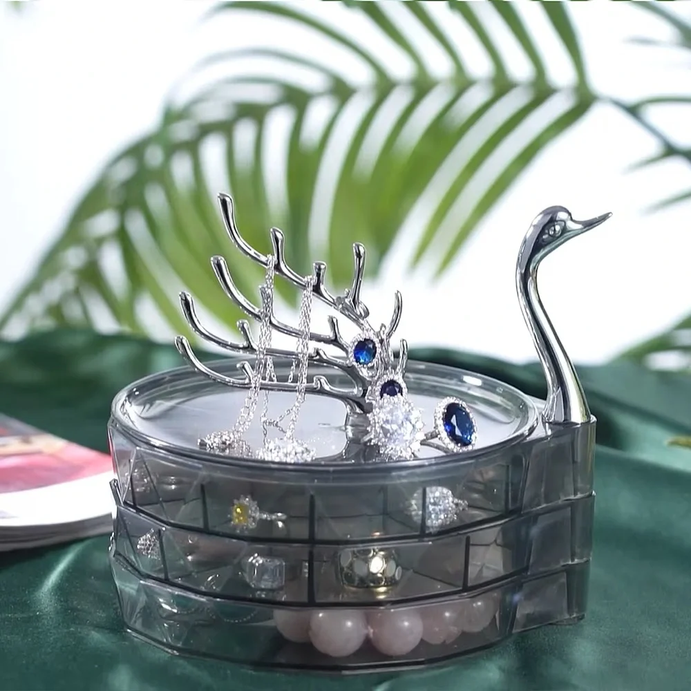 Gray color swan shaped three layer jewelry box